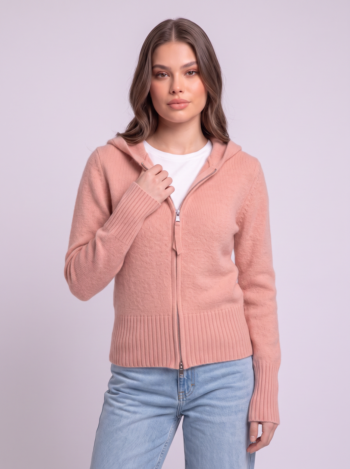 Hooded Knit Zip Up Cardigan - Pink - detail