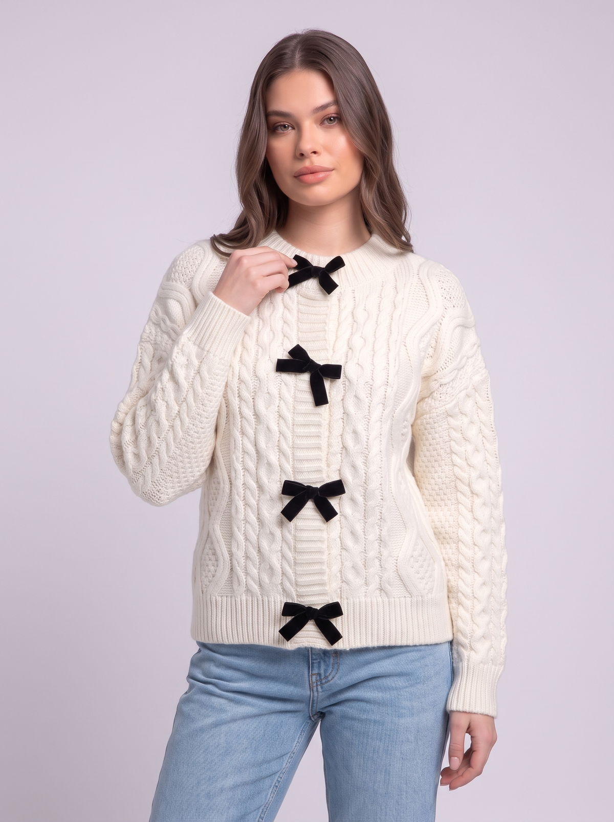 Bow Tie Cable Knit Cardigan - Off White - detail