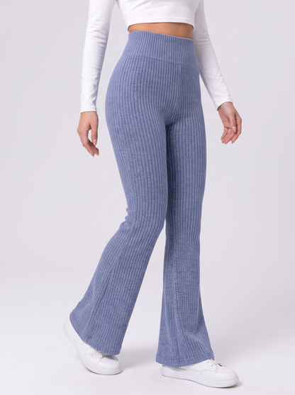 High Waist Ribbed Flare Pants - Dusty Blue - detail
