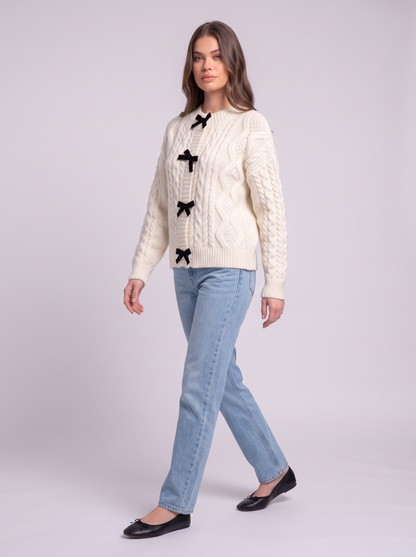 Bow Tie Cable Knit Cardigan - Off White - side