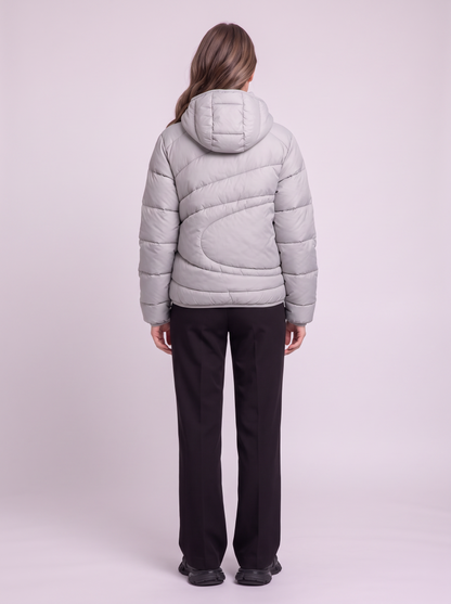 Asymmetric Zip Hooded Puffer Jacket - Gray - back