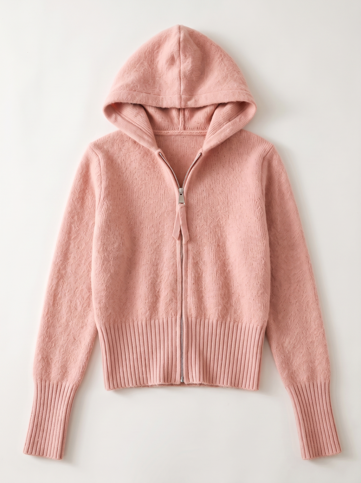 Hooded Knit Zip Up Cardigan - Pink - flat lay