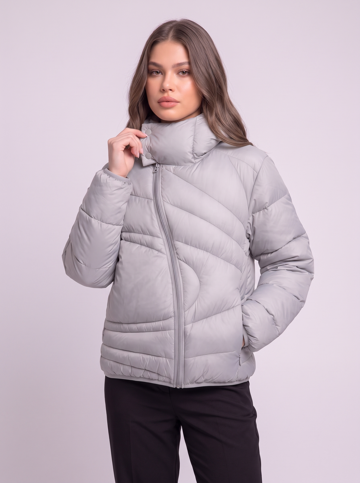 Asymmetric Zip Hooded Puffer Jacket - Gray - detail