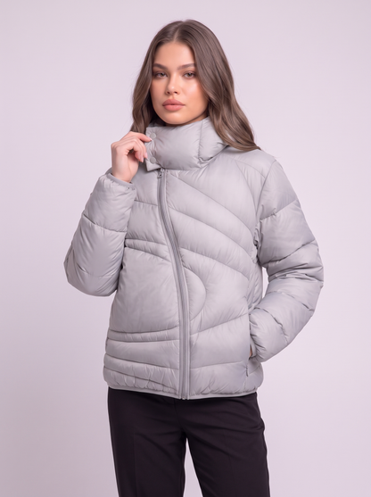 Asymmetric Zip Hooded Puffer Jacket - Gray - detail