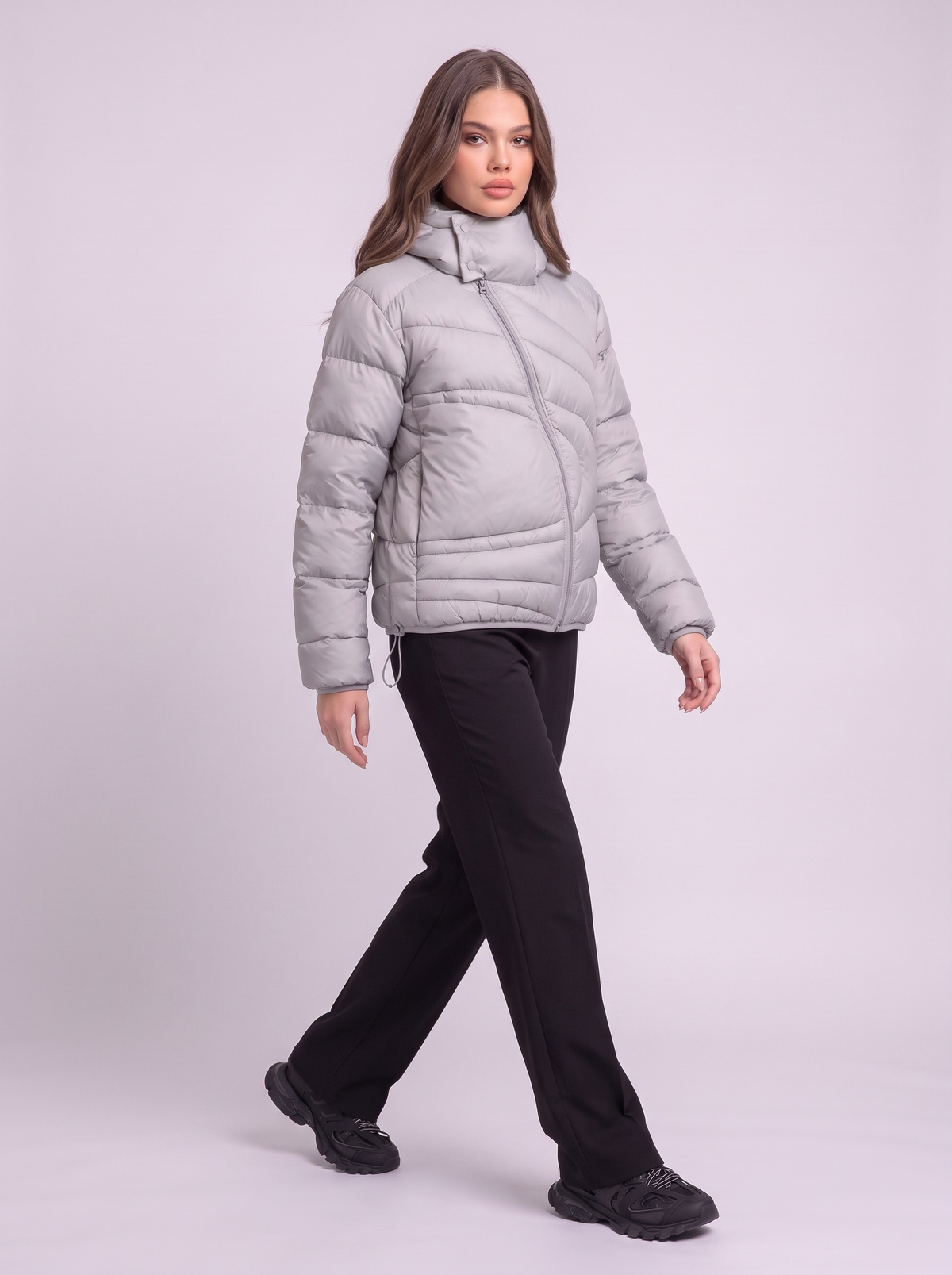 Asymmetric Zip Hooded Puffer Jacket - Gray - side