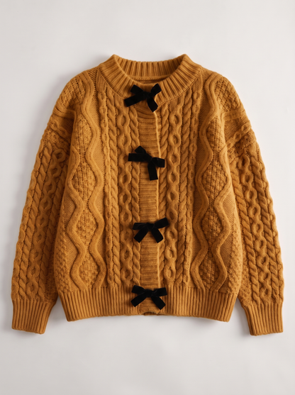 Bow Tie Cable Knit Cardigan - Caramel - flat lay