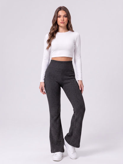 High Waist Ribbed Flare Pants - Black