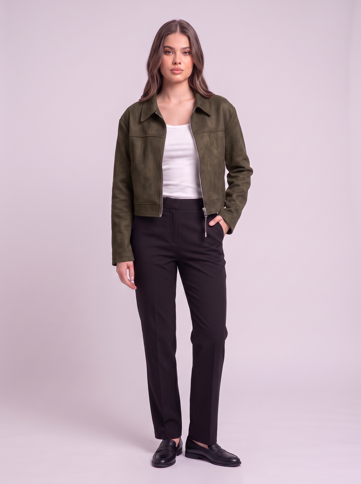 Cropped Faux Suede Zip Jacket - Green