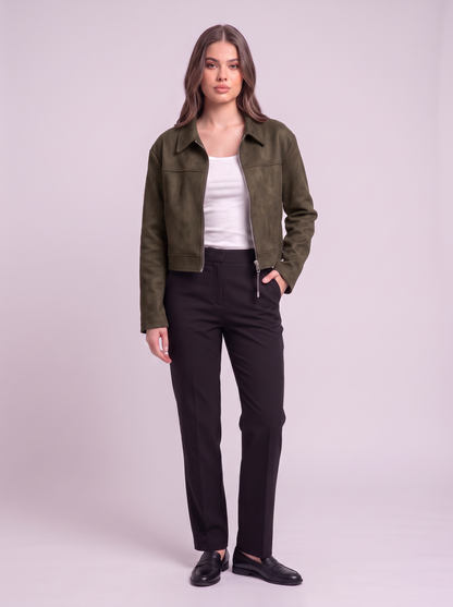 Cropped Faux Suede Zip Jacket - Green