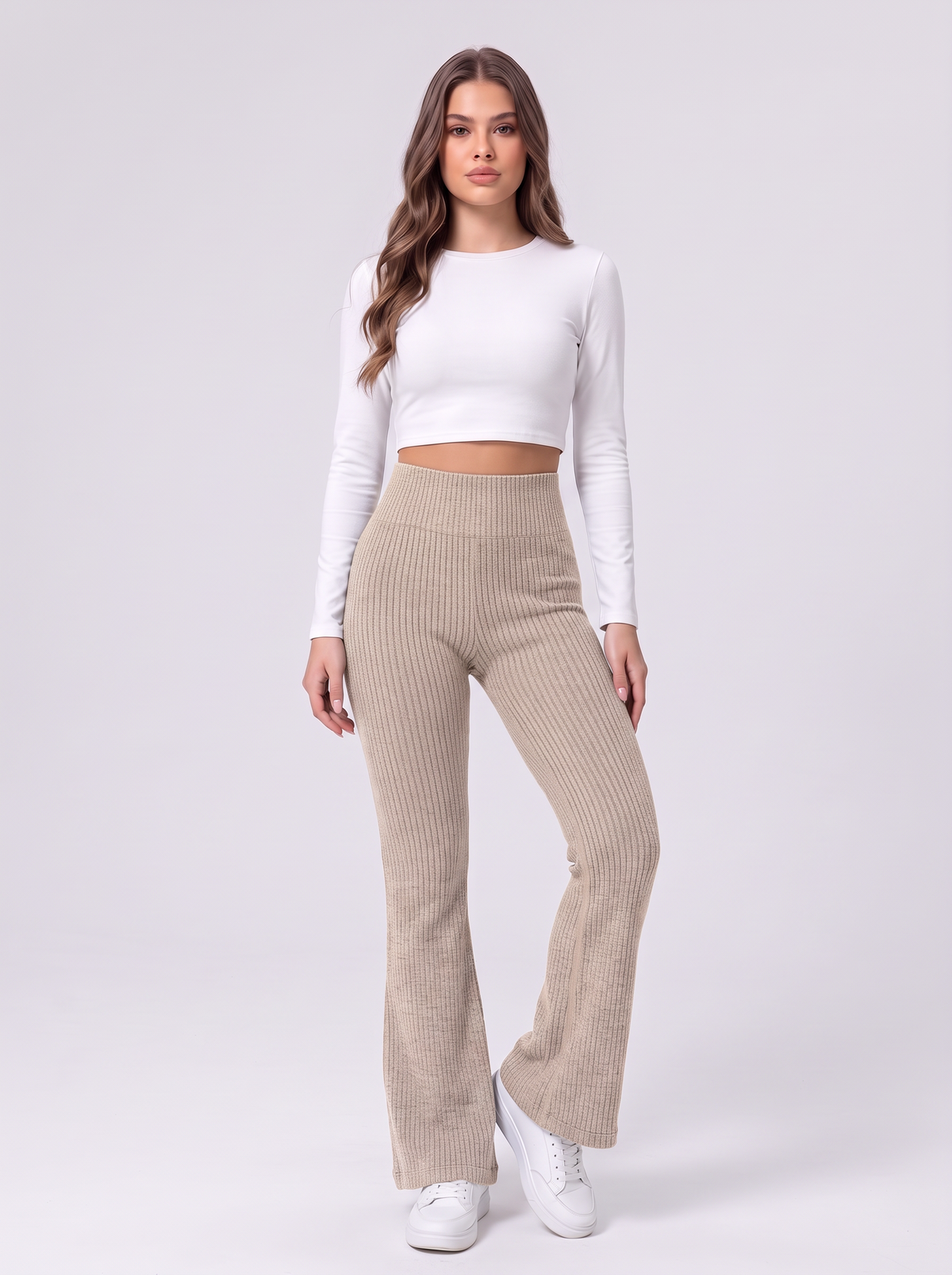 High Waist Ribbed Flare Pants - Khaki