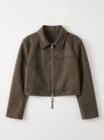 Cropped Faux Suede Zip Jacket - Green - flat lay