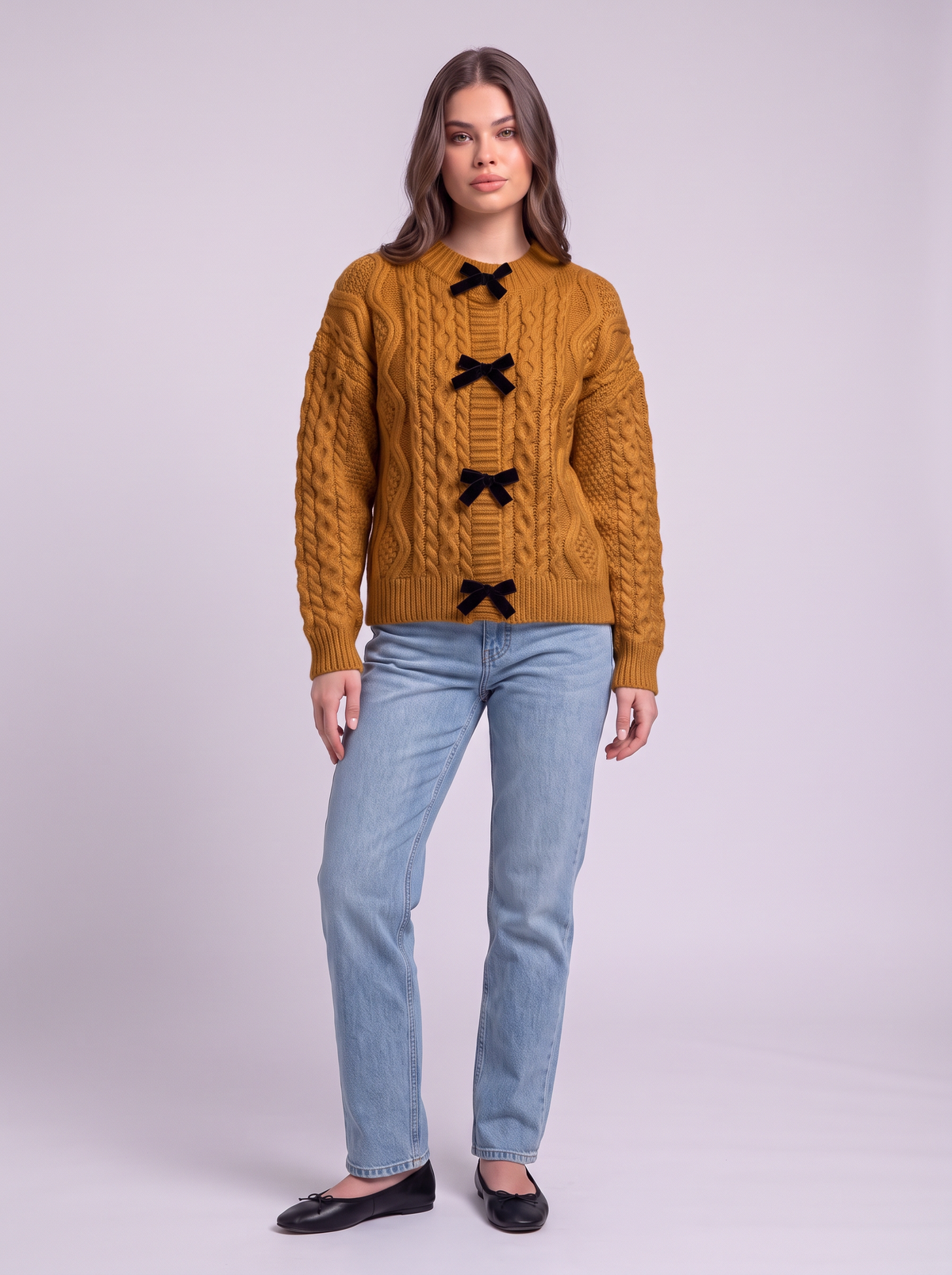 Bow Tie Cable Knit Cardigan - Caramel