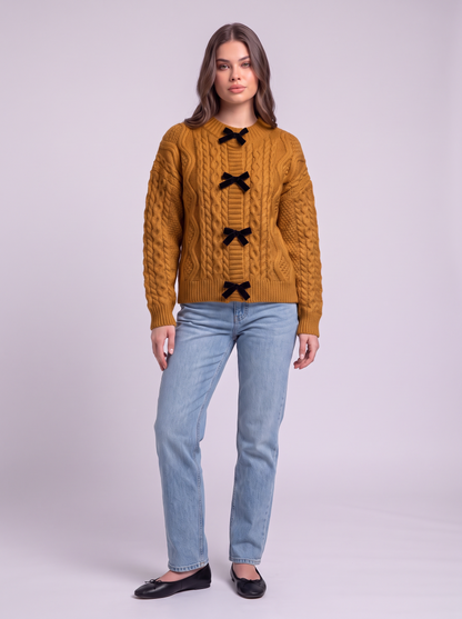 Bow Tie Cable Knit Cardigan - Caramel