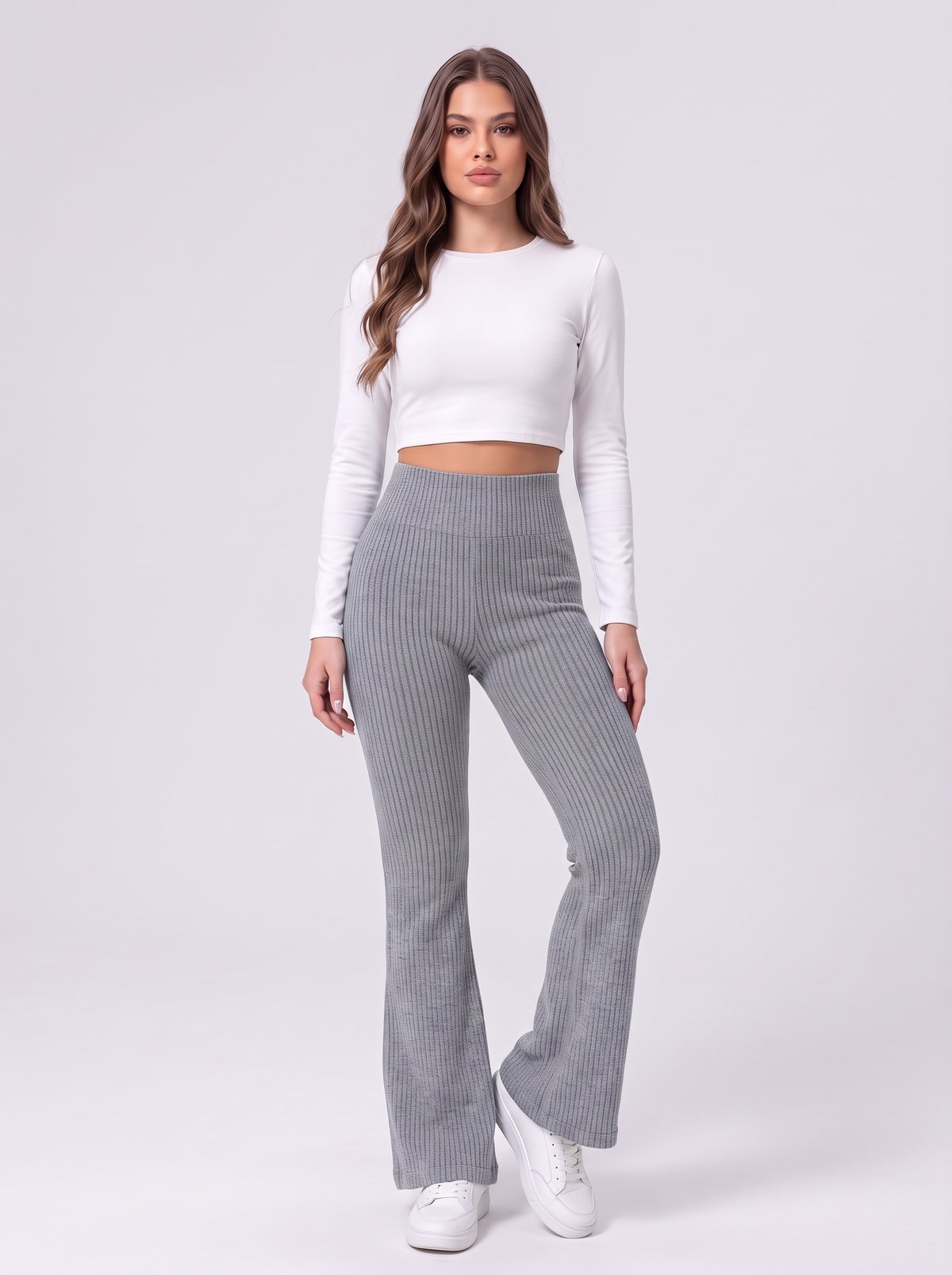 High Waist Ribbed Flare Pants - Gray