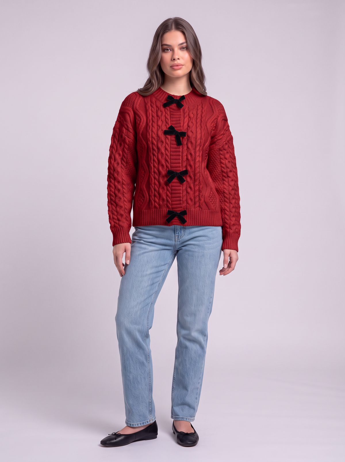 Bow Tie Cable Knit Cardigan - Red