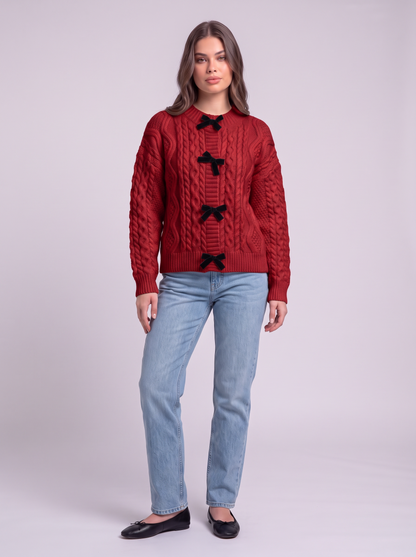 Bow Tie Cable Knit Cardigan - Red