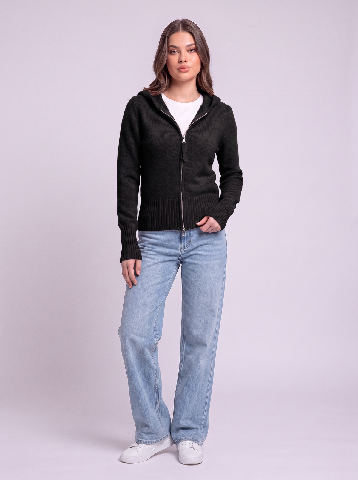 Hooded Knit Zip Up Cardigan - Black
