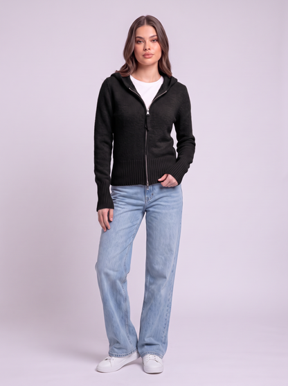 Hooded Knit Zip Up Cardigan - Black
