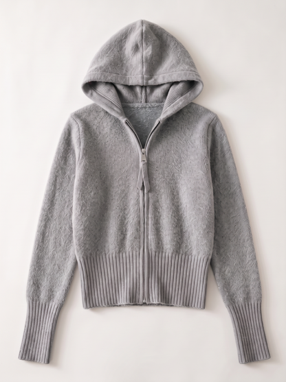 Hooded Knit Zip Up Cardigan - Gray - flat lay