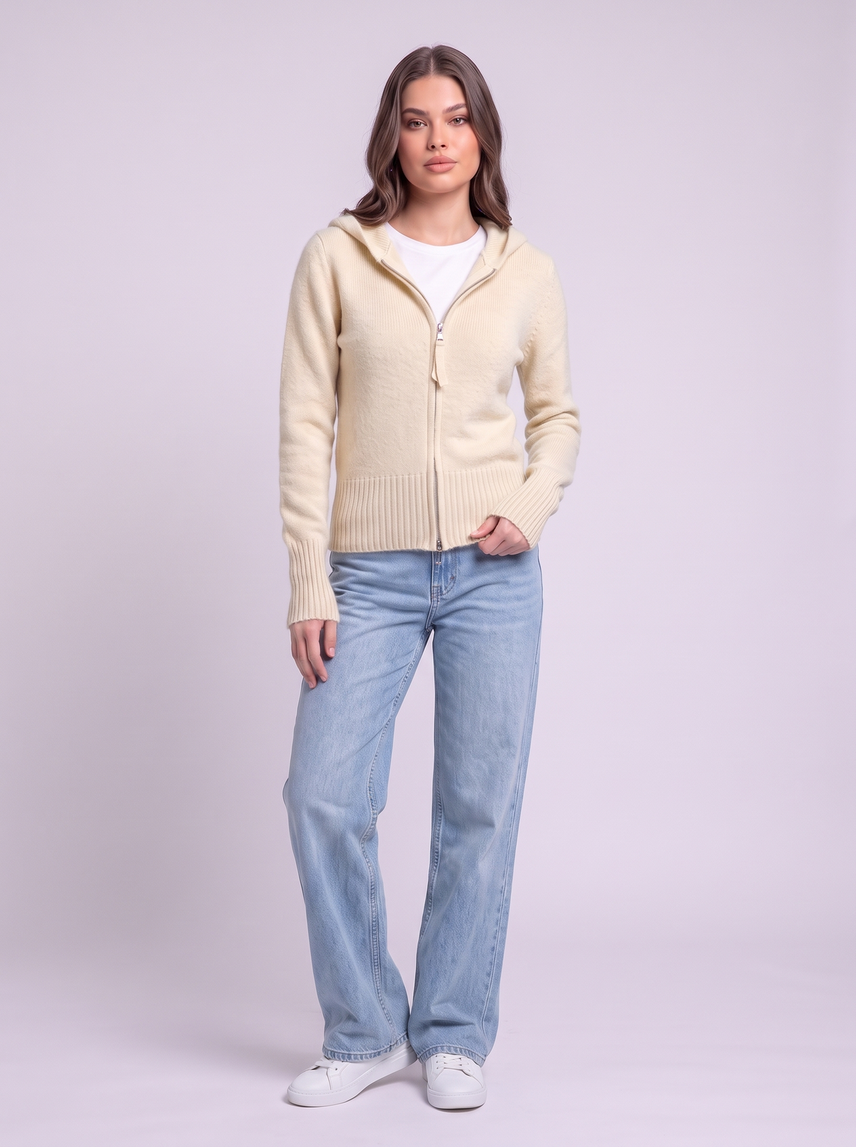Hooded Knit Zip Up Cardigan - Off White