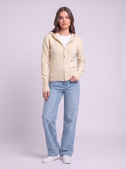 Hooded Knit Zip Up Cardigan - Off White
