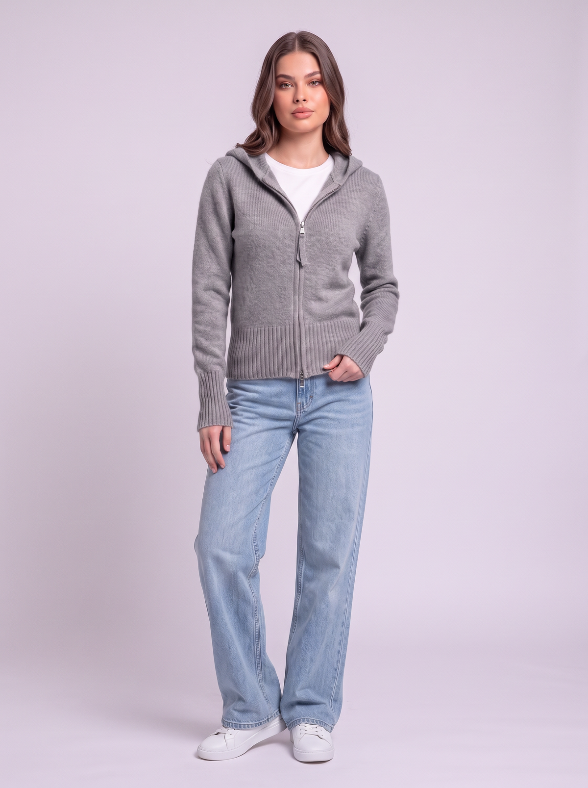 Hooded Knit Zip Up Cardigan - Gray
