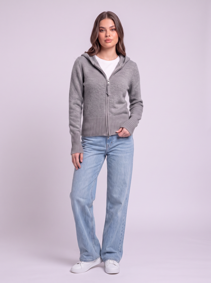 Hooded Knit Zip Up Cardigan - Gray