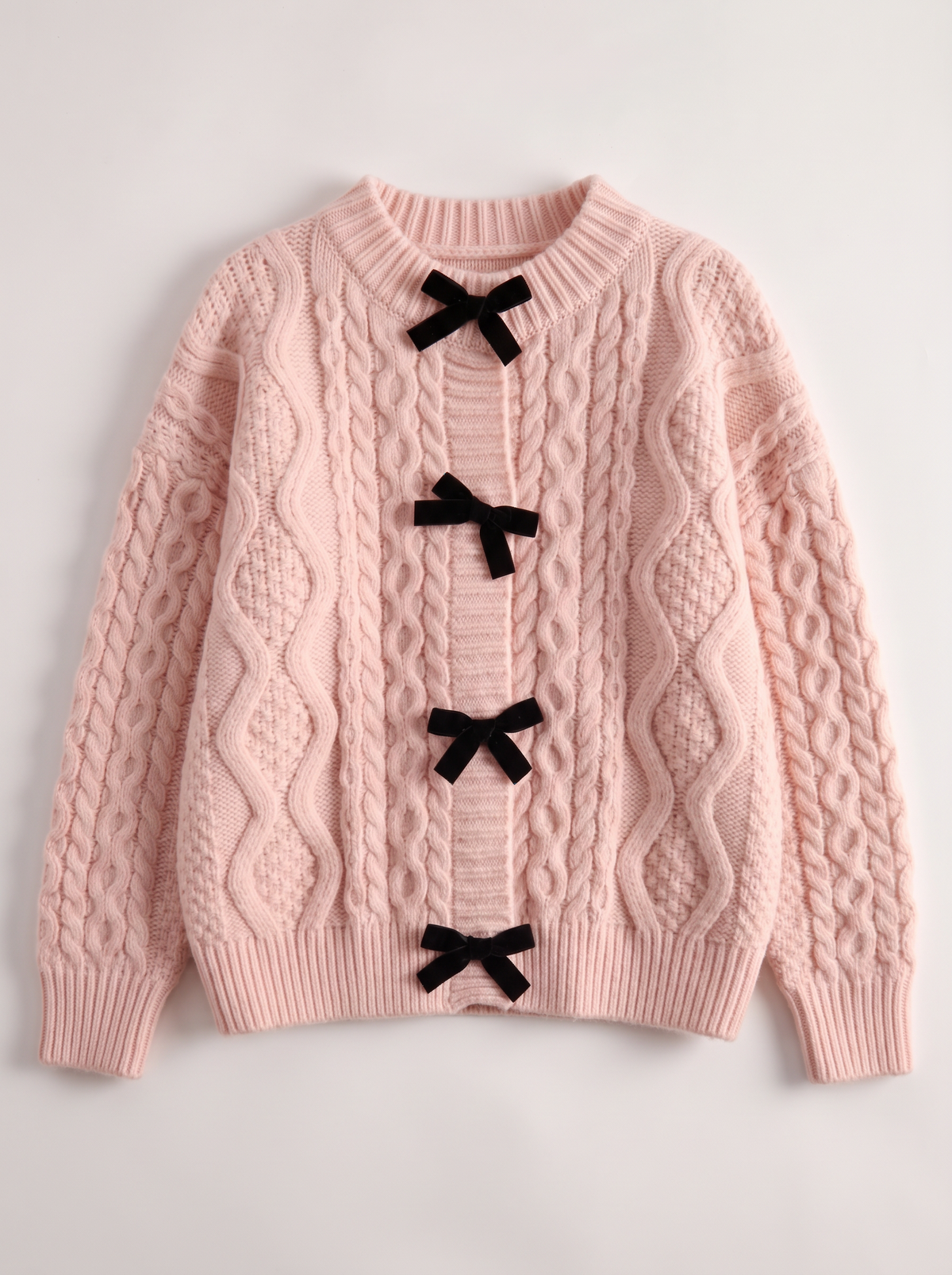 Bow Tie Cable Knit Cardigan - Pink - flat lay