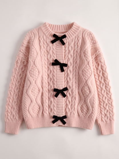 Bow Tie Cable Knit Cardigan - Pink - flat lay