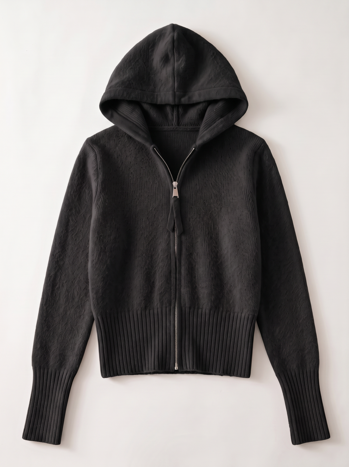 Hooded Knit Zip Up Cardigan - Black - flat lay