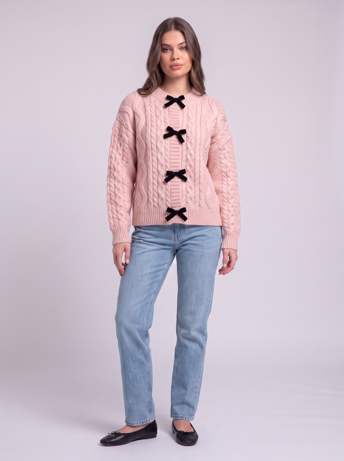 Bow Tie Cable Knit Cardigan - Pink