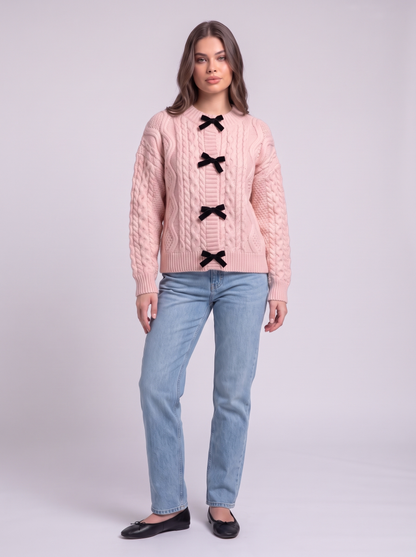 Bow Tie Cable Knit Cardigan - Pink