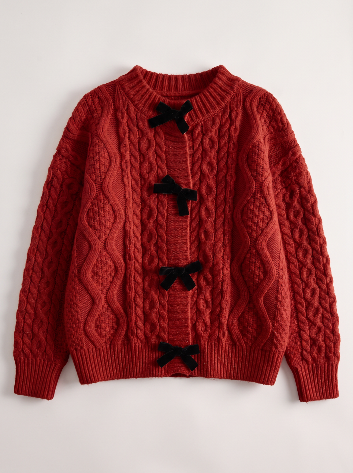 Bow Tie Cable Knit Cardigan - Red - flat lay