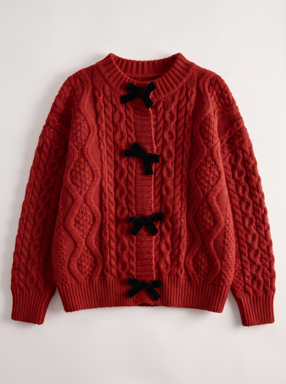 Bow Tie Cable Knit Cardigan - Red - flat lay