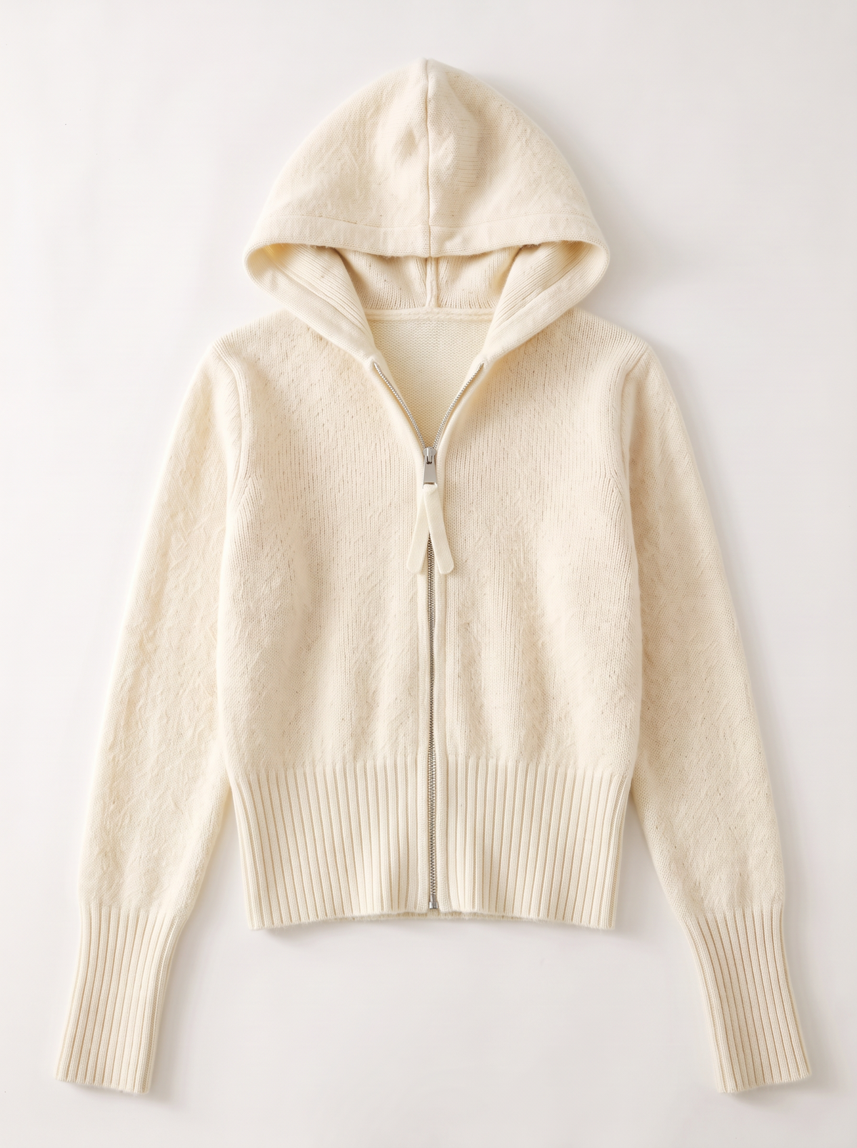 Hooded Knit Zip Up Cardigan - Off White - flat lay