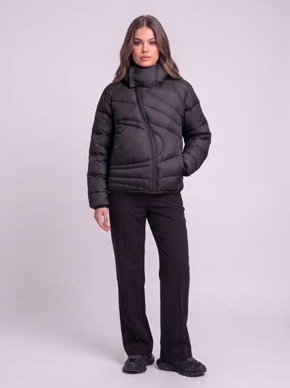 Asymmetric Zip Hooded Puffer Jacket - Black