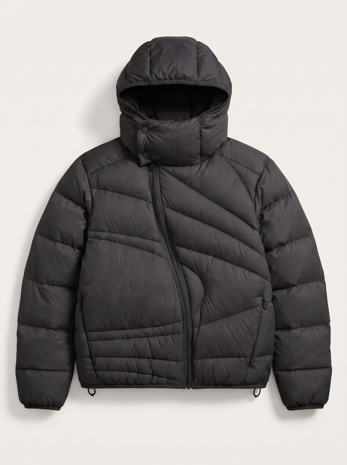 Asymmetric Zip Hooded Puffer Jacket - Black - flat lay