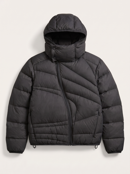 Asymmetric Zip Hooded Puffer Jacket - Black - flat lay