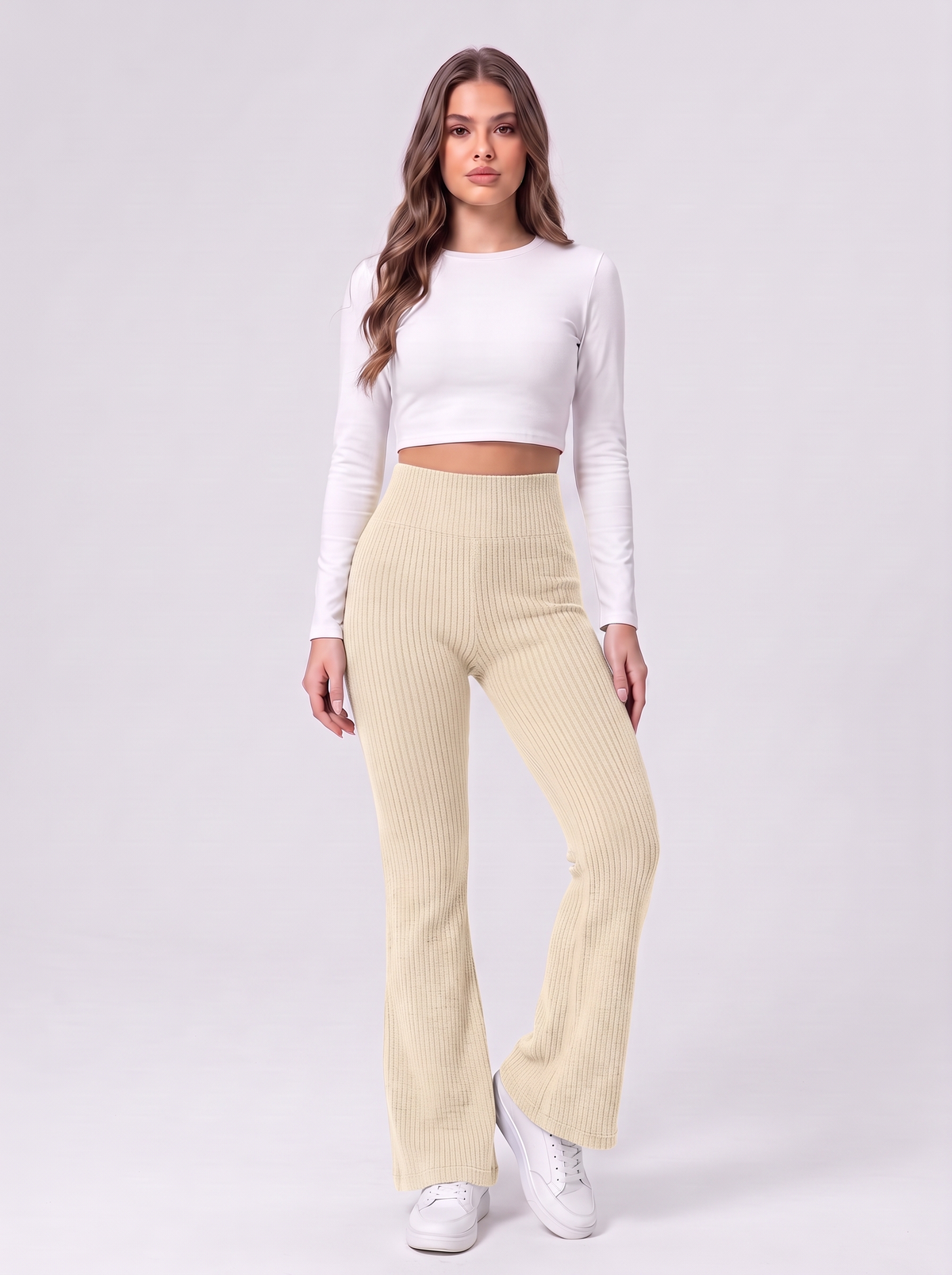 High Waist Ribbed Flare Pants - Cream