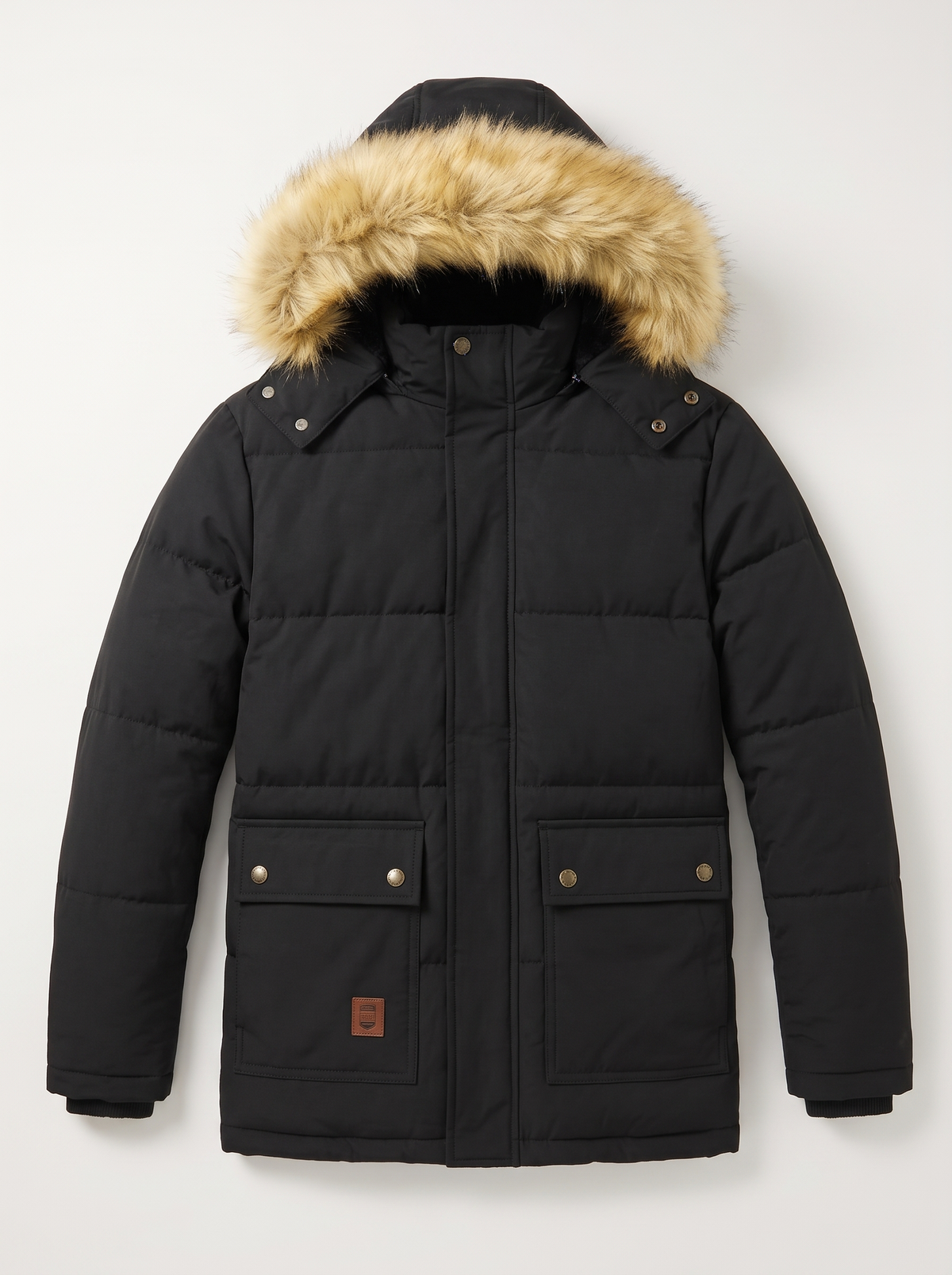 Fleece Lined Hooded Military Cargo Parka - Black - flat lay