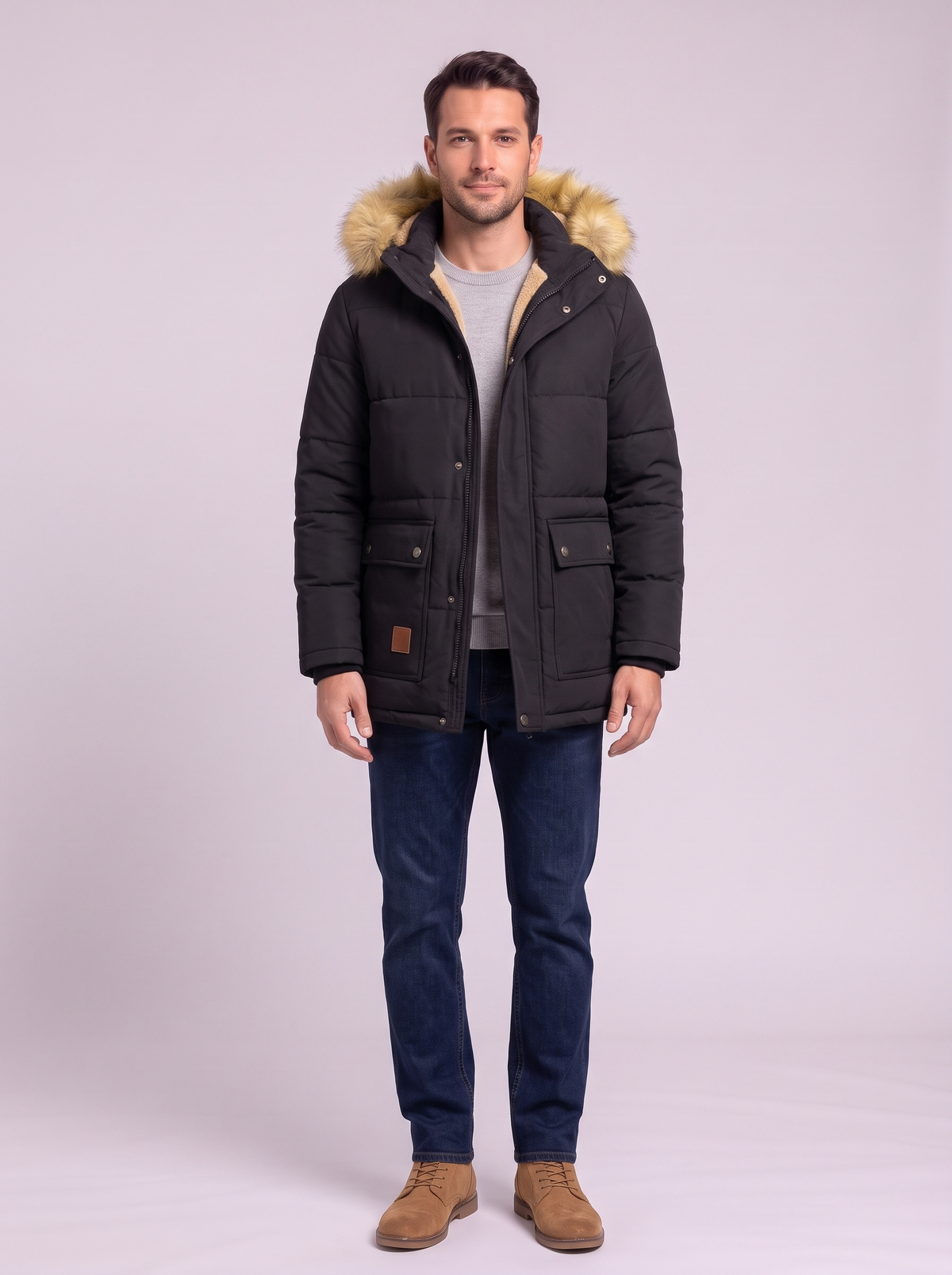Fleece Lined Hooded Military Cargo Parka - Black