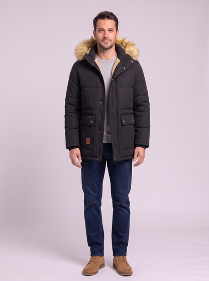 Fleece Lined Hooded Military Cargo Parka - Black