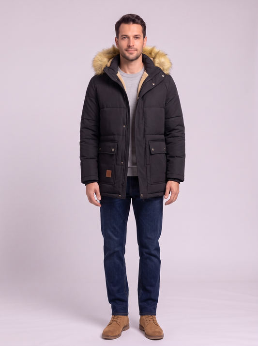 Fleece Lined Hooded Military Cargo Parka - Black