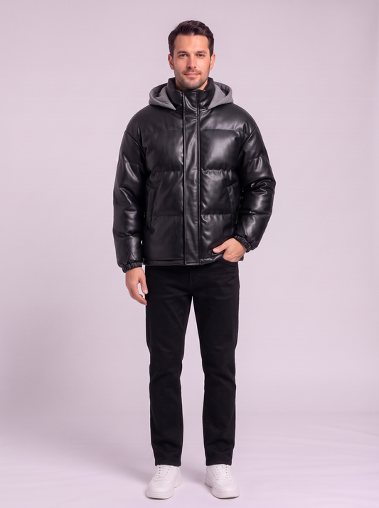 Hooded Windproof Padded Parka Jacket - Black