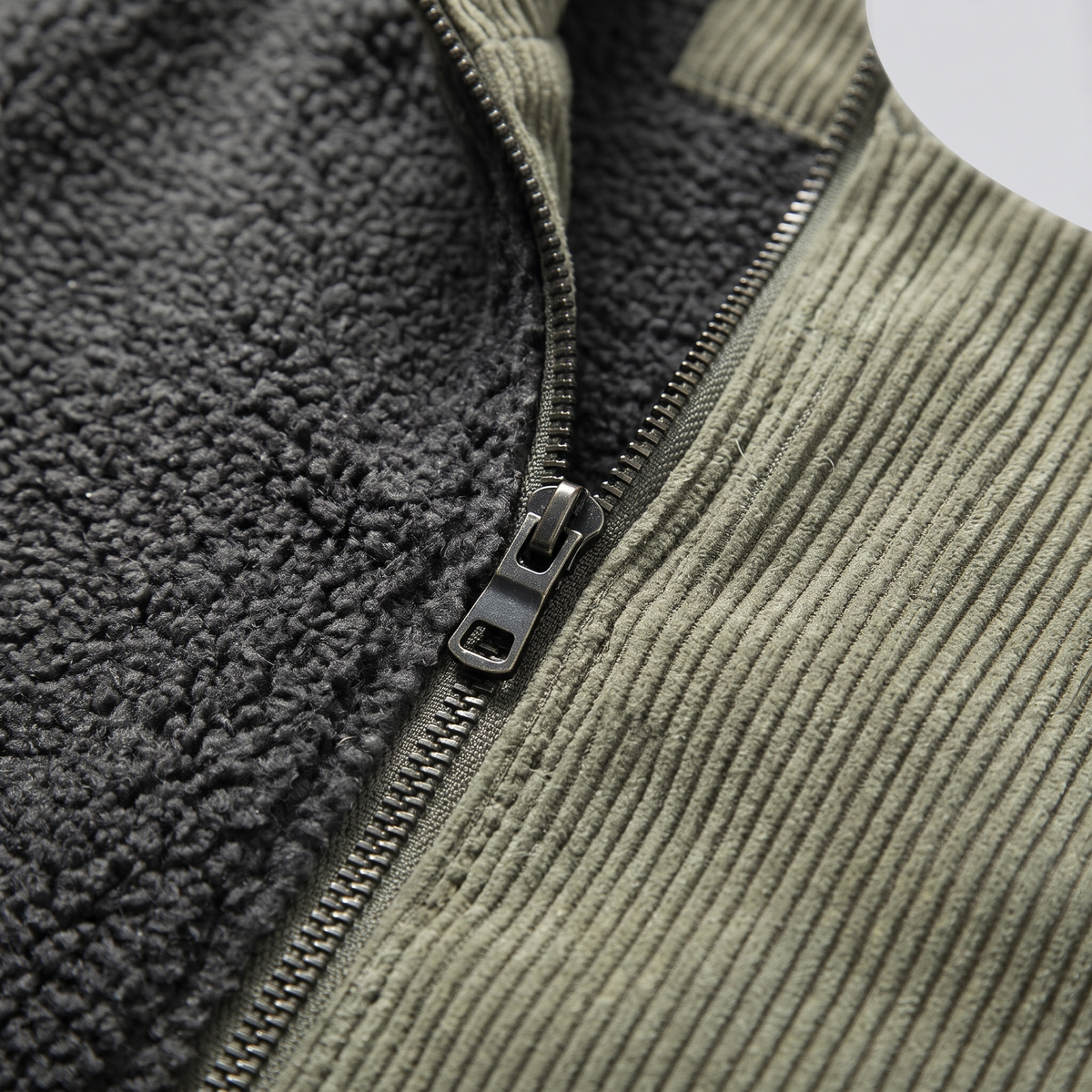 Fleece Lined Corduroy Hooded Parka - Army Green - close-up