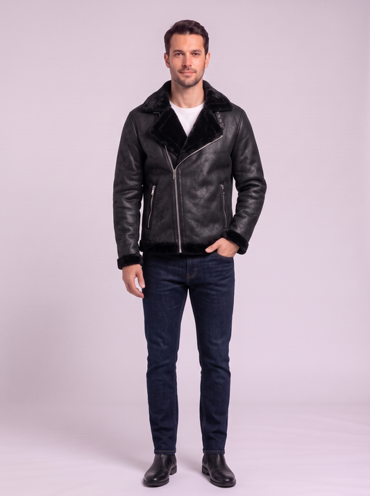 Fleece Lined Faux Leather Motorcycle Jacket - Black