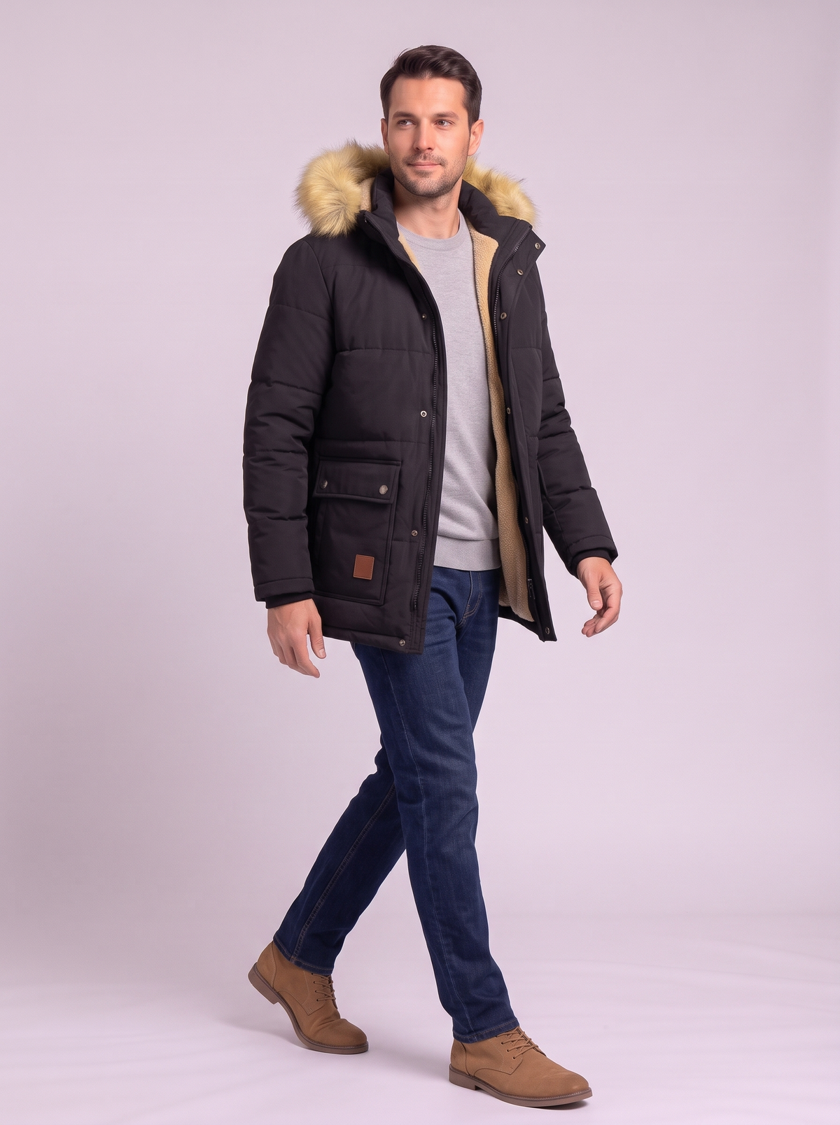 Fleece Lined Hooded Military Cargo Parka - Black - side