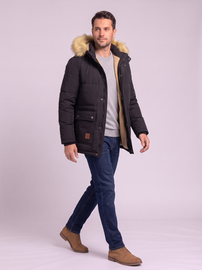 Fleece Lined Hooded Military Cargo Parka - Black - side