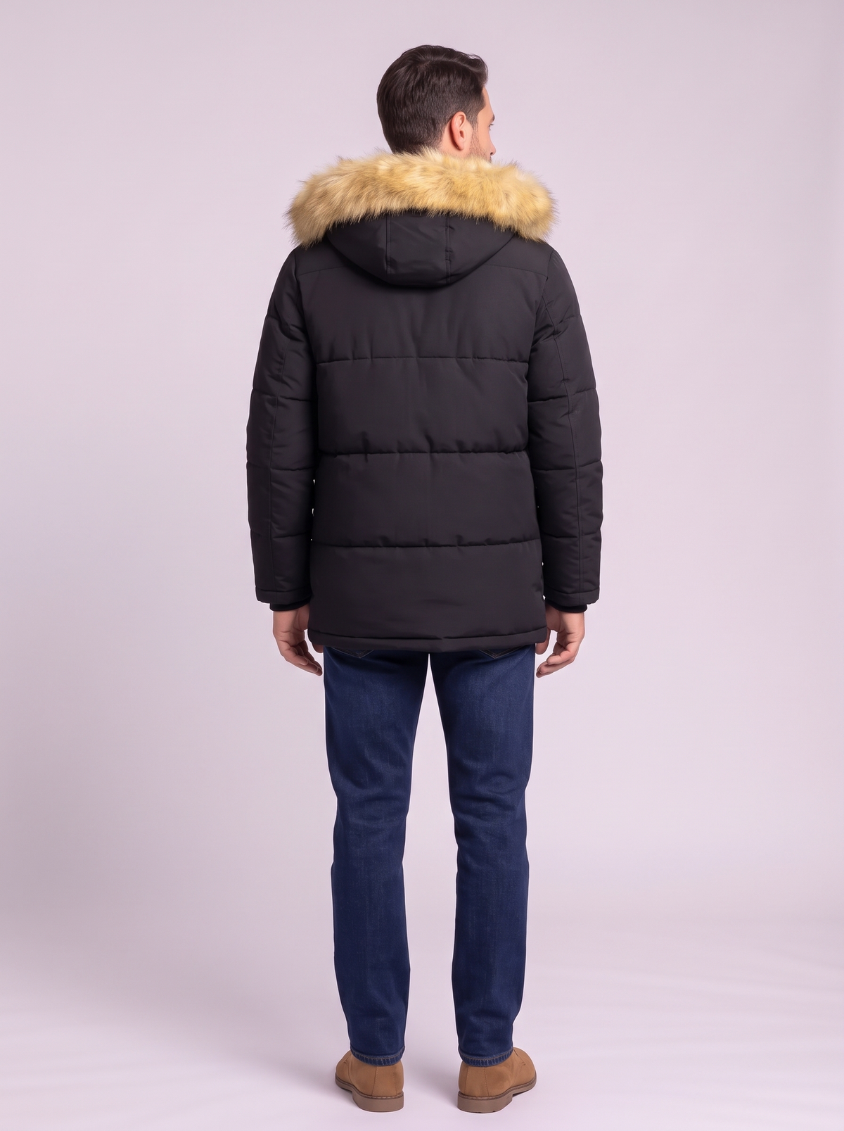Fleece Lined Hooded Military Cargo Parka - Black - back