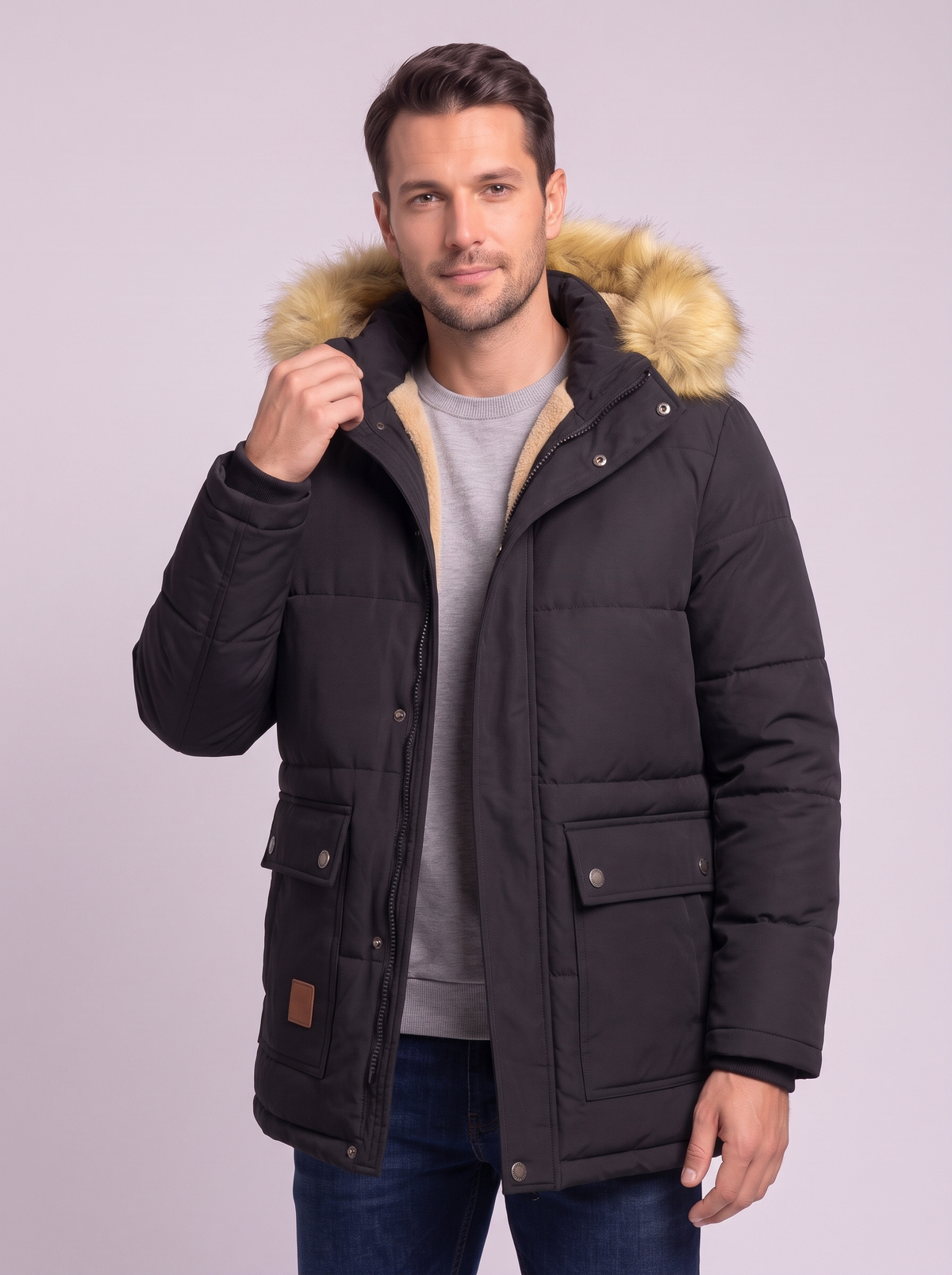 Fleece Lined Hooded Military Cargo Parka - Black - detail